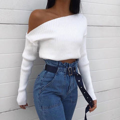 Oblique Collar Casual Long Sleeve Knitted Sweater
