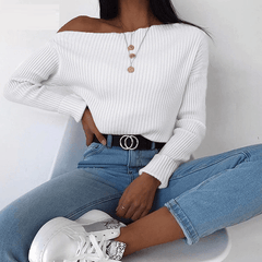 Oblique Collar Casual Long Sleeve Knitted Sweater