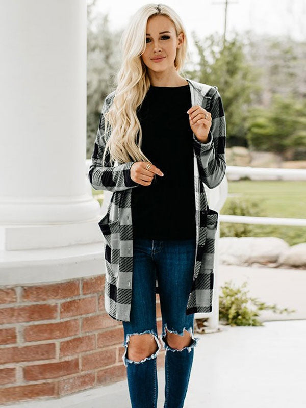 Outerwear Plaid Pattern Turndown Collar Stretch Maxi Coat