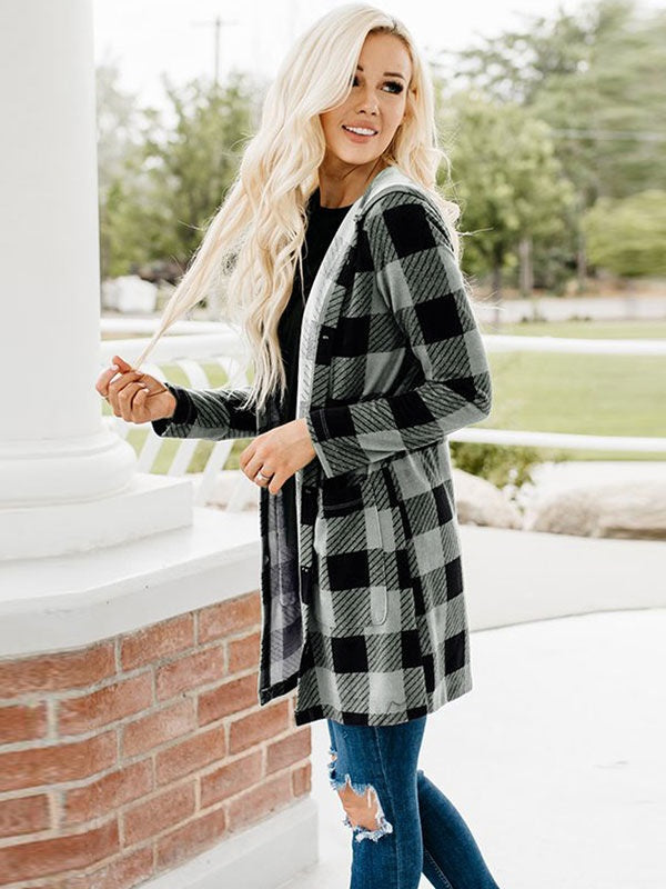 Outerwear Plaid Pattern Turndown Collar Stretch Maxi Coat