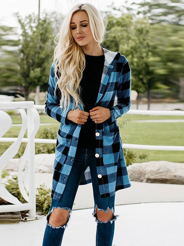 Outerwear Plaid Pattern Turndown Collar Stretch Maxi Coat