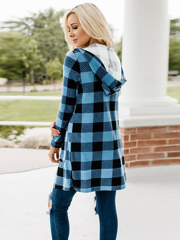 Outerwear Plaid Pattern Turndown Collar Stretch Maxi Coat