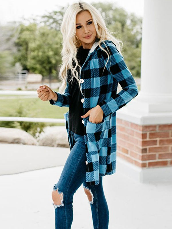 Outerwear Plaid Pattern Turndown Collar Stretch Maxi Coat