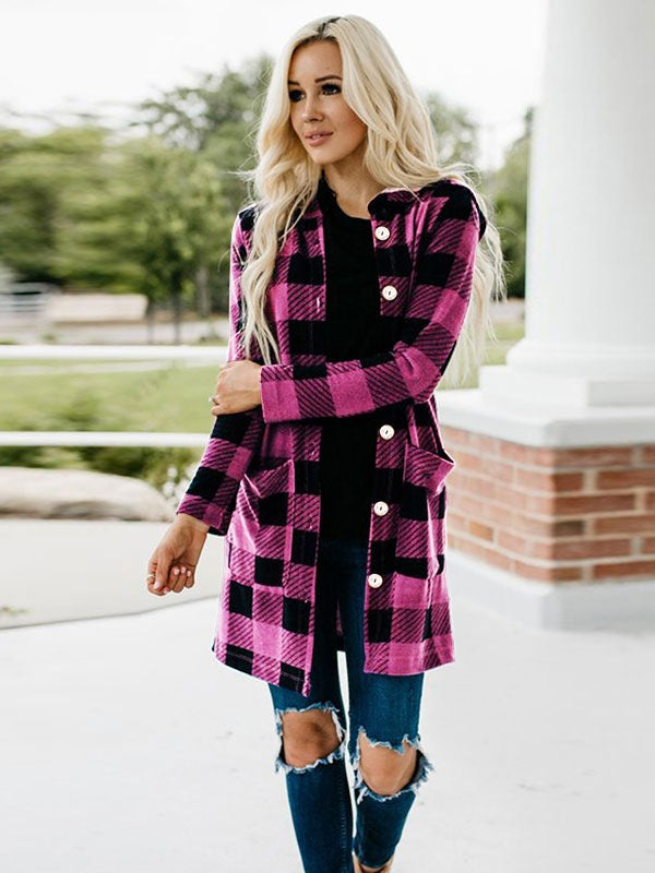 Outerwear Plaid Pattern Turndown Collar Stretch Maxi Coat