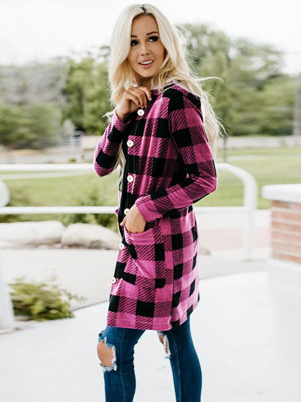 Outerwear Plaid Pattern Turndown Collar Stretch Maxi Coat