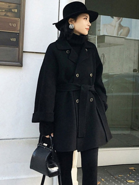 Outerwear Turndown Collar Long Sleeves Polyester Oversized Casual Wrap Coat