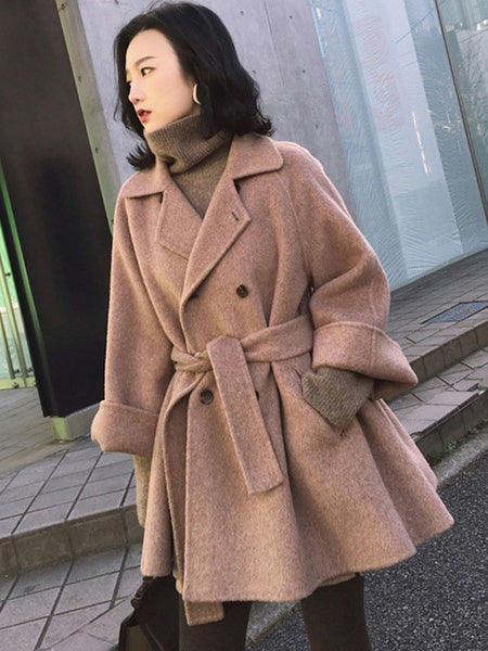 Outerwear Turndown Collar Long Sleeves Polyester Oversized Casual Wrap Coat