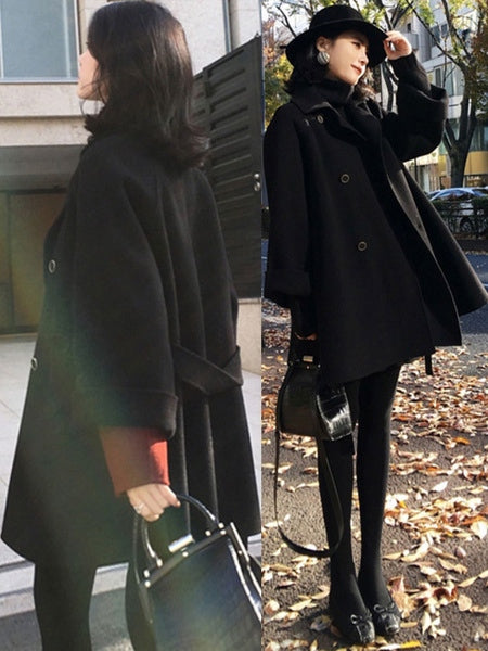Outerwear Turndown Collar Long Sleeves Polyester Oversized Casual Wrap Coat