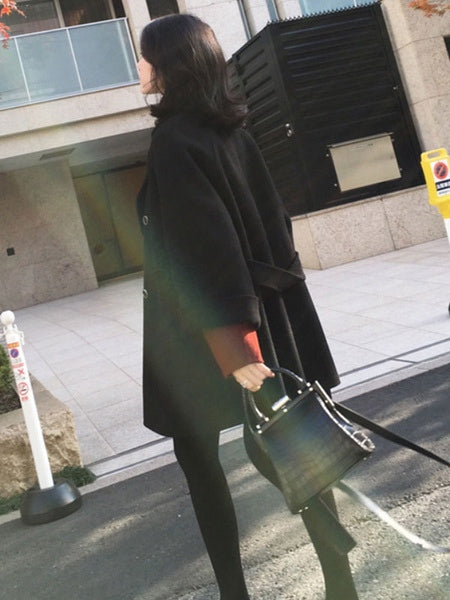Outerwear Turndown Collar Long Sleeves Polyester Oversized Casual Wrap Coat