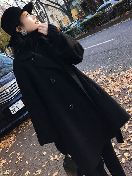 Outerwear Turndown Collar Long Sleeves Polyester Oversized Casual Wrap Coat