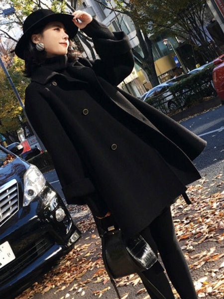 Outerwear Turndown Collar Long Sleeves Polyester Oversized Casual Wrap Coat