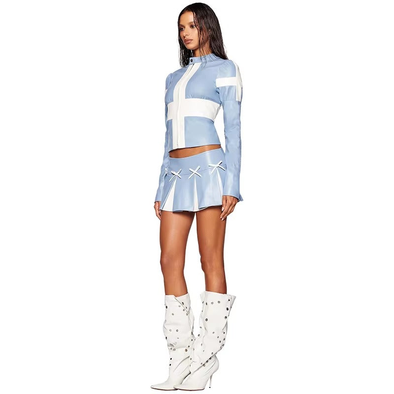 PU Faux Leather Jackets Top And High Waist Pleated Mini Skirt 2 Piece Set
