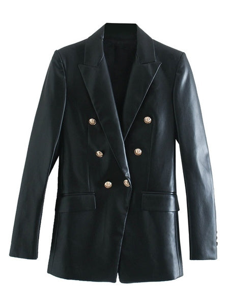 PU Leather Turndown Collar Long Sleeve Double Breasted Jackets