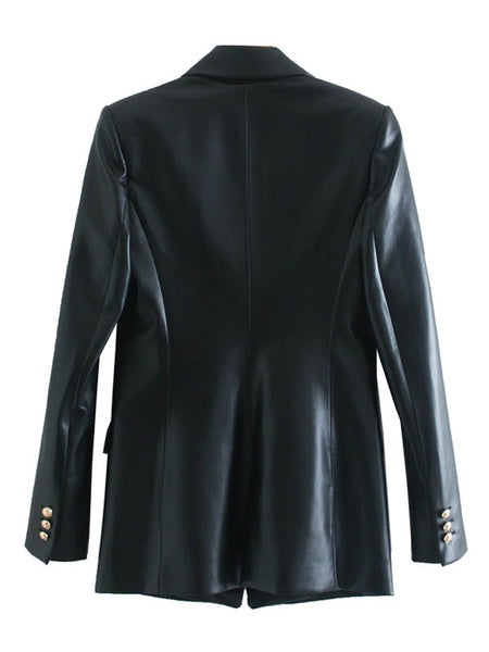 PU Leather Turndown Collar Long Sleeve Double Breasted Jackets