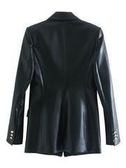 PU Leather Turndown Collar Long Sleeve Double Breasted Jackets