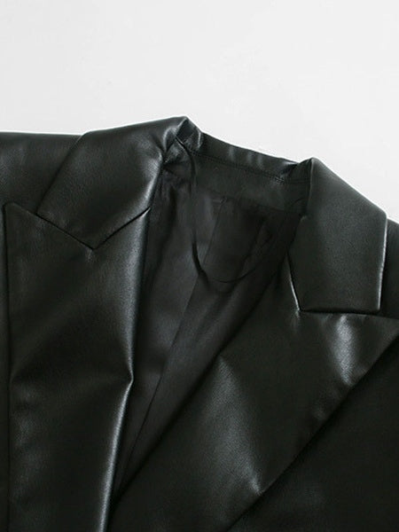 PU Leather Turndown Collar Long Sleeve Double Breasted Jackets