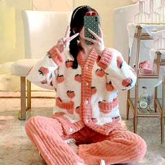 Padded And Thickened Warm Coral Velvet 2 Piece Pajamas Set