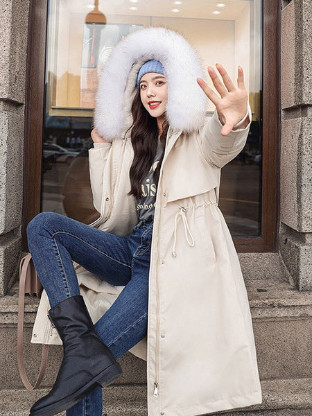 Parka Faux Fur Hooded Long Sleeve Drawstring Removable Long Coat