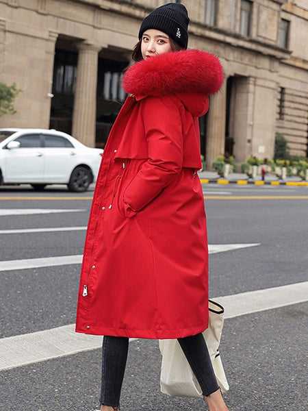Parka Faux Fur Hooded Long Sleeve Drawstring Removable Long Coat