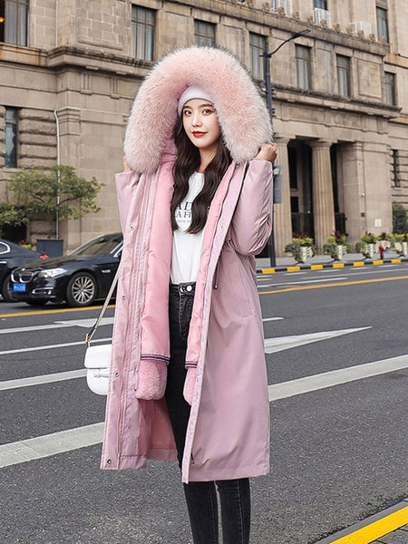 Parka Faux Fur Hooded Long Sleeve Drawstring Removable Long Coat