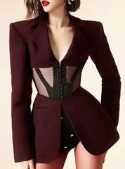 Patchwork Design Long Sleeve Notched Waist Blazer Jacket