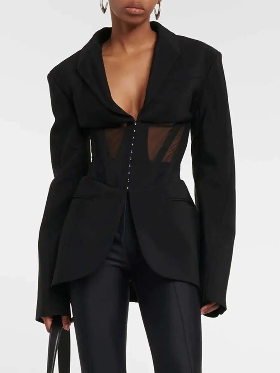 Patchwork Design Long Sleeve Notched Waist Blazer Jacket