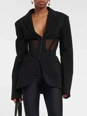 Patchwork Design Long Sleeve Notched Waist Blazer Jacket
