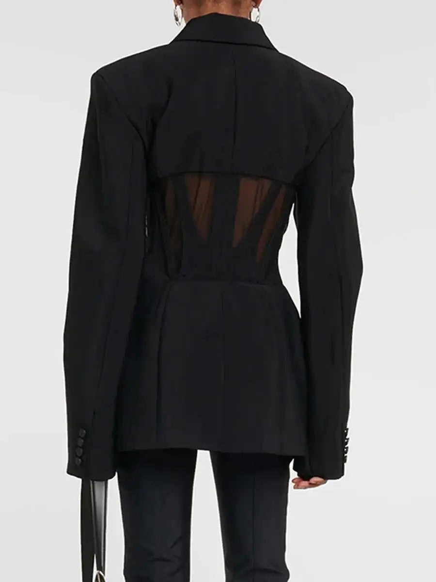 Patchwork Design Long Sleeve Notched Waist Blazer Jacket