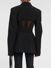 Patchwork Design Long Sleeve Notched Waist Blazer Jacket