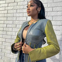 Patchwork Faux Leather Asymmetrical Hipster O-Neck Full Sleeve Zip Jacket