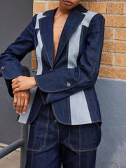 Patchwork Lapel Long Sleeves Split-Joint Deep V-neck One-Buttoned Blazer Jackets