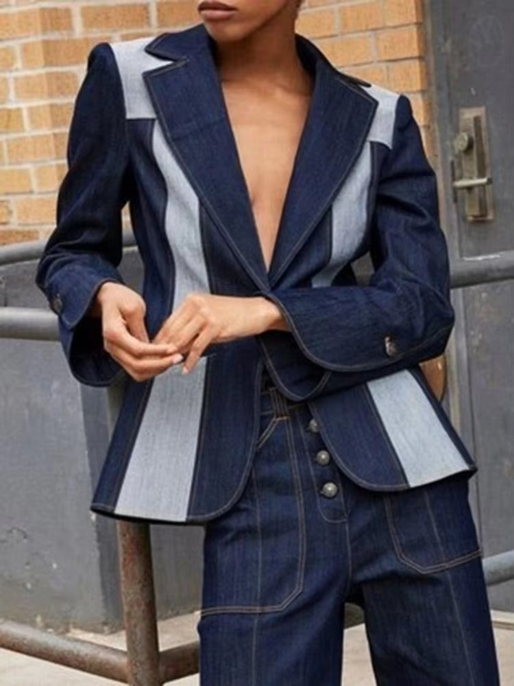 Patchwork Lapel Long Sleeves Split-Joint Deep V-neck One-Buttoned Blazer Jackets