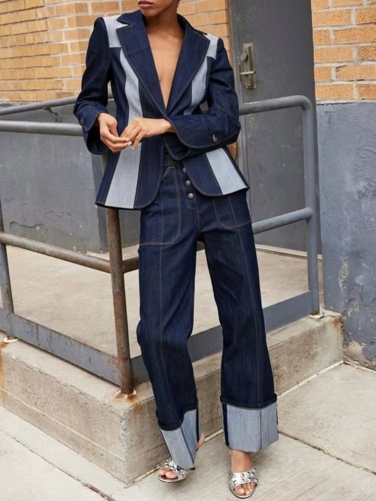 Patchwork Lapel Long Sleeves Split-Joint Deep V-neck One-Buttoned Blazer Jackets