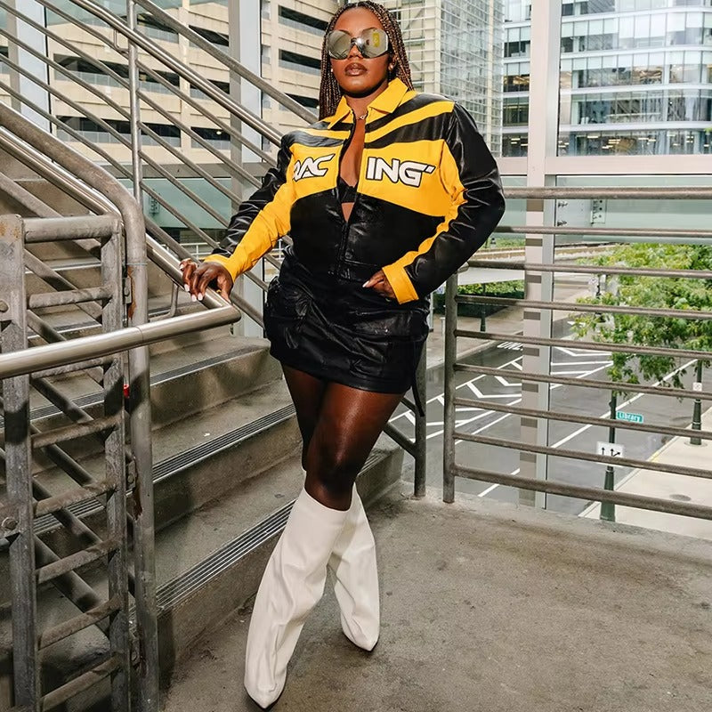 Patchwork Letter Embroidery Faux Leather Full Sleeve Zip Crop Jackets