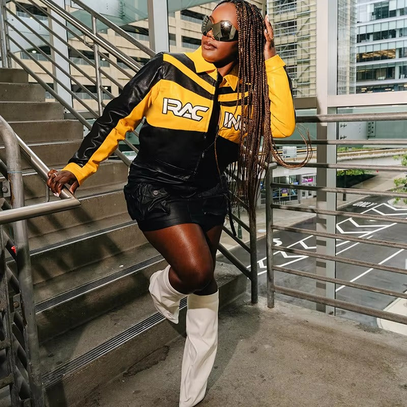 Patchwork Letter Embroidery Faux Leather Full Sleeve Zip Crop Jackets