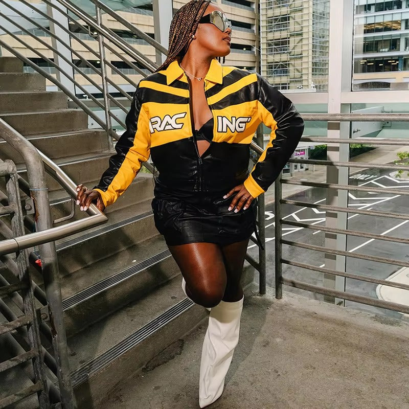 Patchwork Letter Embroidery Faux Leather Full Sleeve Zip Crop Jackets