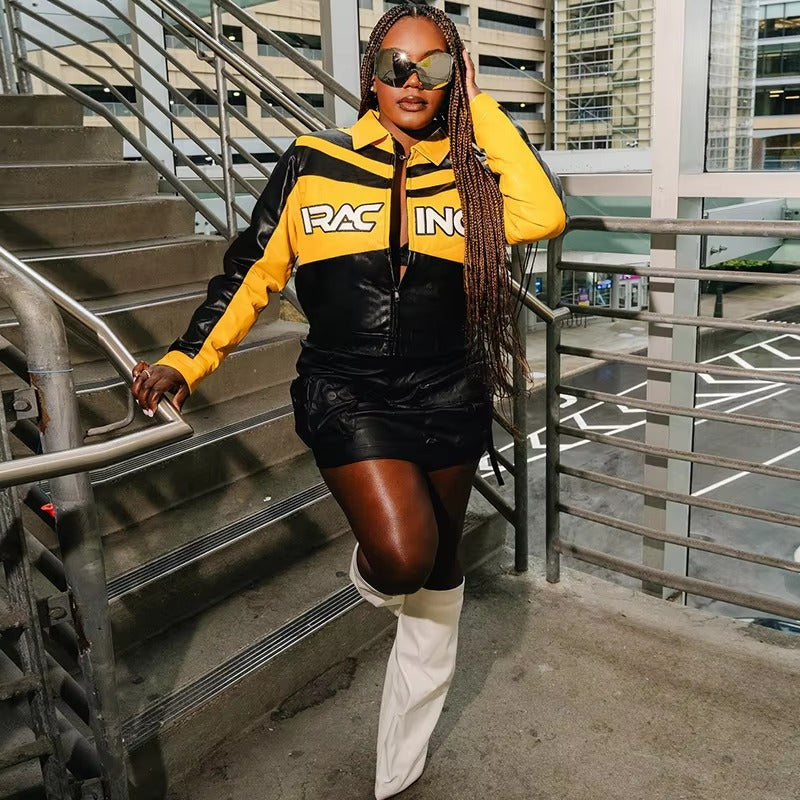 Patchwork Letter Embroidery Faux Leather Full Sleeve Zip Crop Jackets