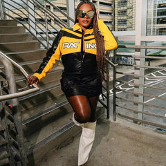Patchwork Letter Embroidery Faux Leather Full Sleeve Zip Crop Jackets
