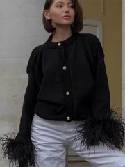 Patchwork Long Sleeve Single Breasted Feather Knitted Loose Cardigan