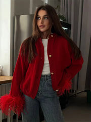 Patchwork Long Sleeve Single Breasted Feather Knitted Loose Cardigan
