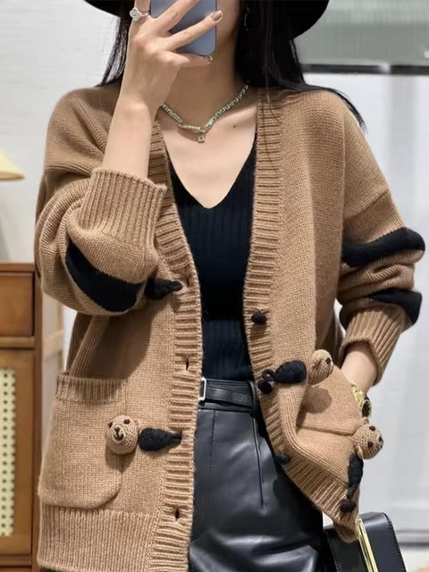 Patchwork Loose Large Size V-Neck Knit Long Sleeve Wool Cashmere Cardigan Sweater