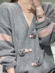 Patchwork Loose Large Size V-Neck Knit Long Sleeve Wool Cashmere Cardigan Sweater