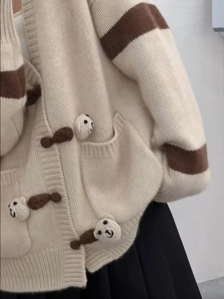 Patchwork Loose Large Size V-Neck Knit Long Sleeve Wool Cashmere Cardigan Sweater