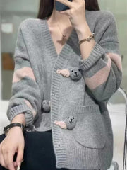 Patchwork Loose Large Size V-Neck Knit Long Sleeve Wool Cashmere Cardigan Sweater