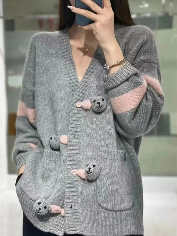 Patchwork Loose Large Size V-Neck Knit Long Sleeve Wool Cashmere Cardigan Sweater