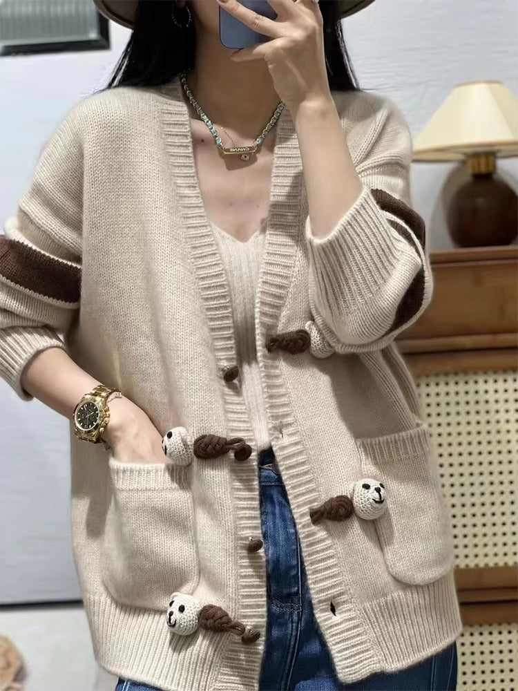 Patchwork Loose Large Size V-Neck Knit Long Sleeve Wool Cashmere Cardigan Sweater