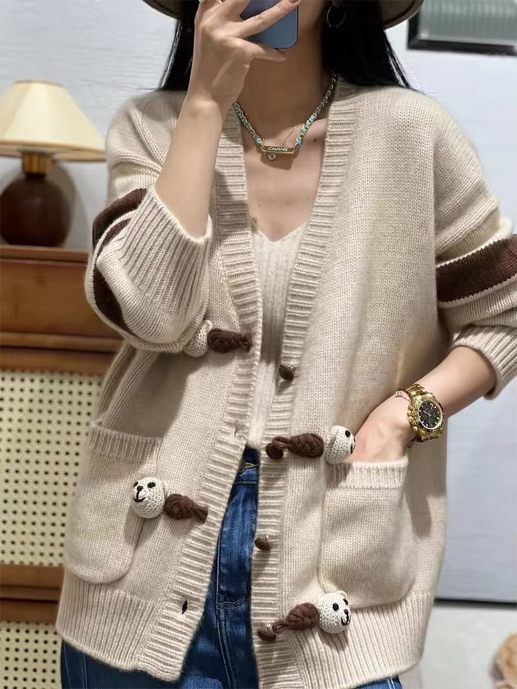 Patchwork Loose Large Size V-Neck Knit Long Sleeve Wool Cashmere Cardigan Sweater