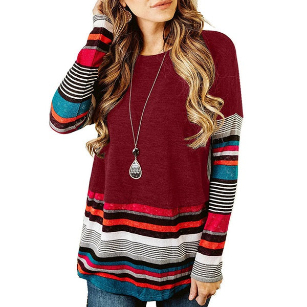 Patchwork Round Collar Long Sleeve T-Shirts