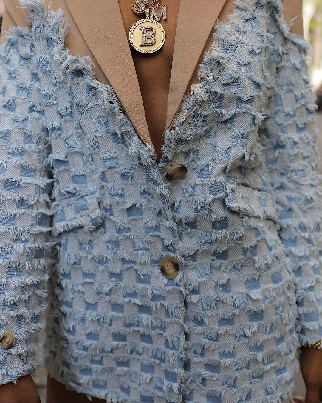 Patchwork Tassel Hipster Notched Collar Full Sleeve Single Breasted Denim Suit Jacket