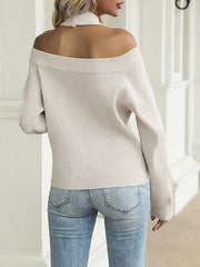 Piping Plaid Jewel Neck Long Sleeves Stretch Polyester Sweaters
